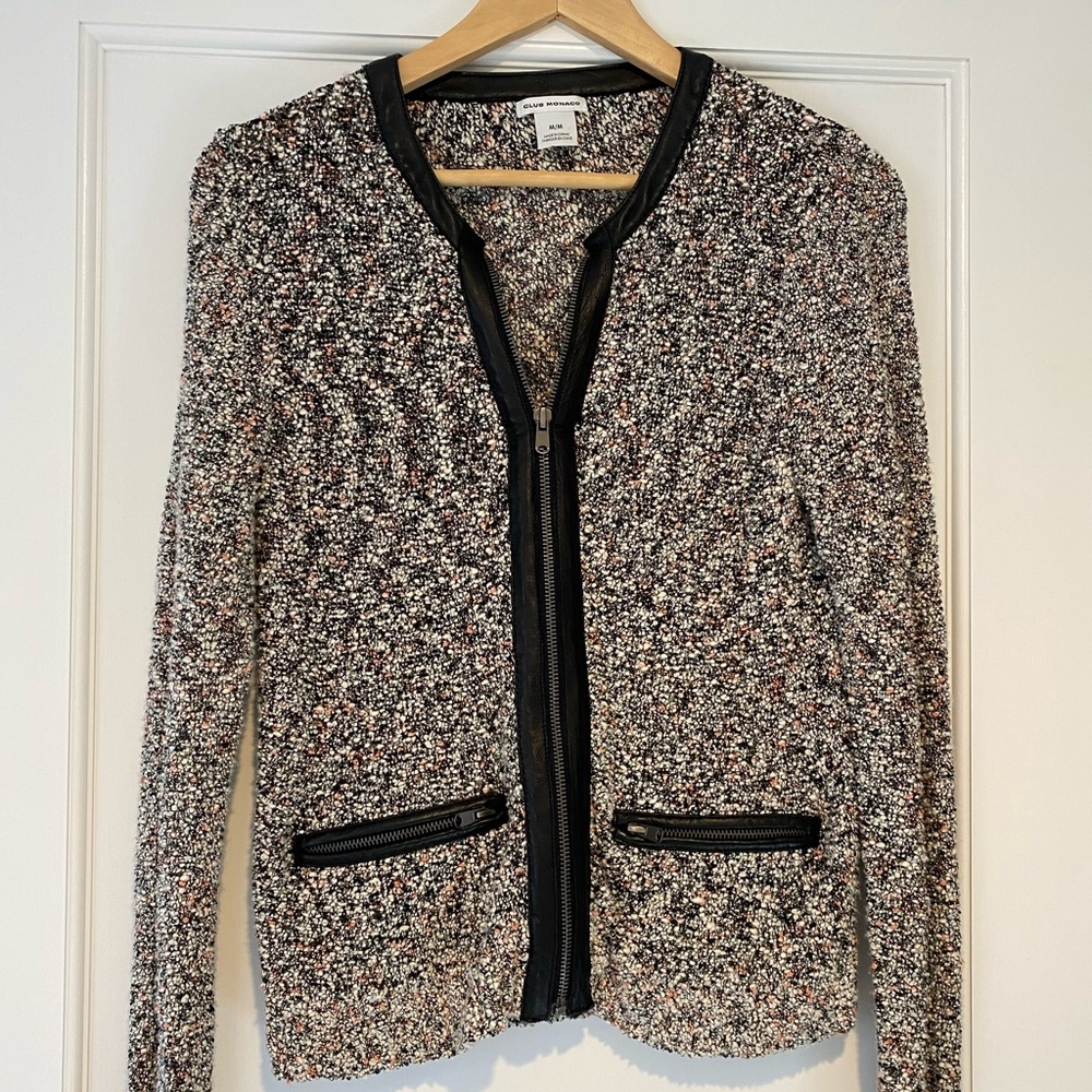 Club Monaco sweater jacket with leather trim size M